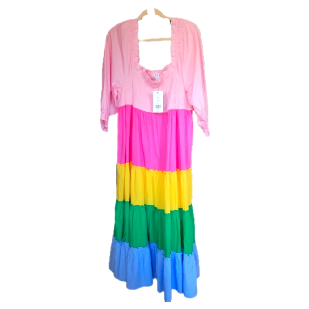 NWT Crown & Ivy Color block smocked top long sleeve tiered maxi dress size XXL
